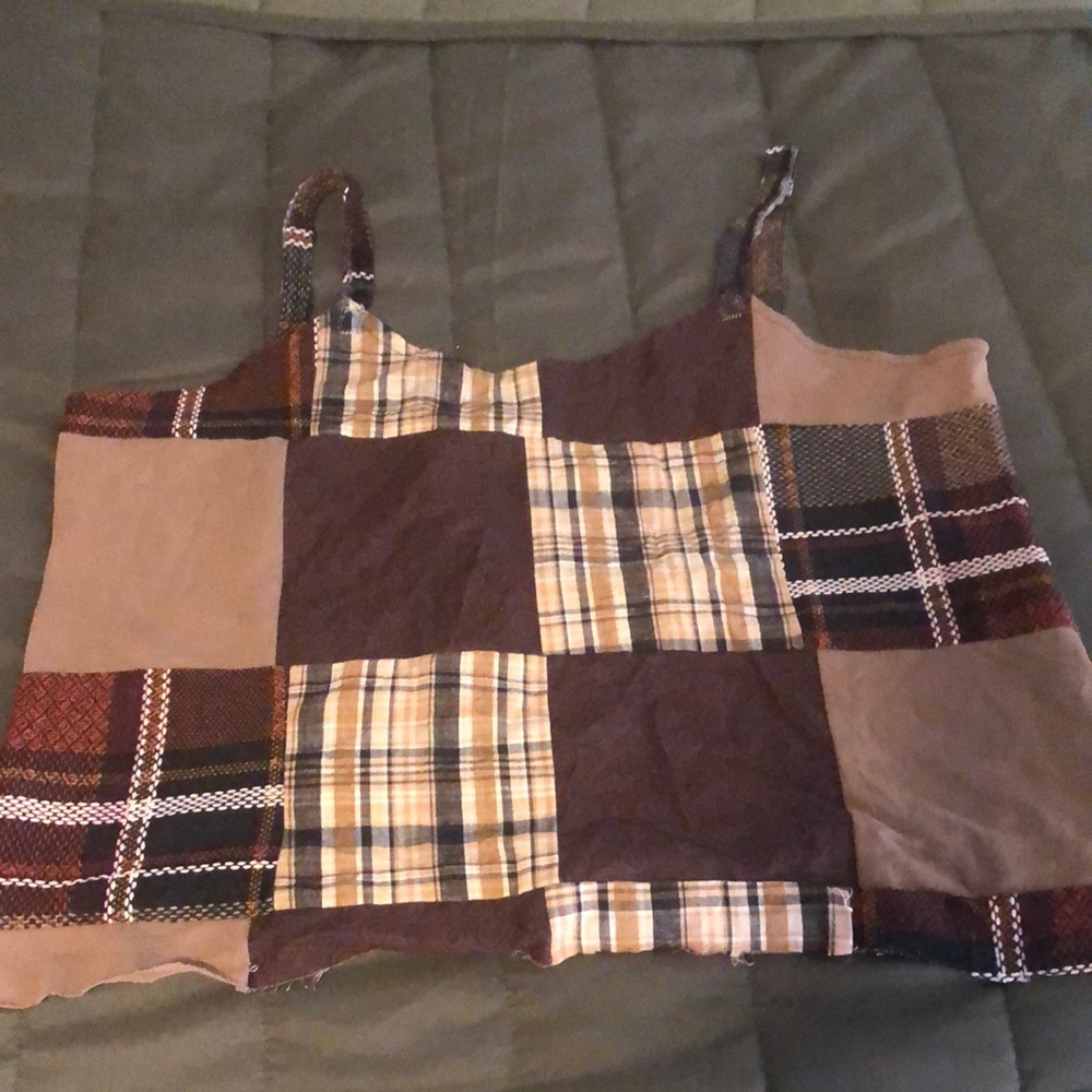 Patchwork Plaid Crop Top - Brown and Tan
